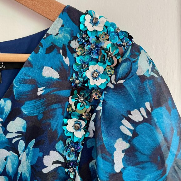 Badgley Mischka Blue Print Puff Sleeve Gown, Size 10 (NWT) - Picture 4 of 11